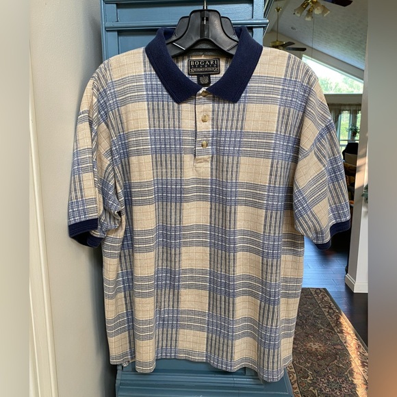 Vintage BOGARI STUDIO/Designed in Italy—Blue & Tan Polo Size L - Picture 1 of 8